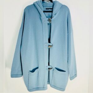 Cashmeres 100% Heavy thick Scottish cashmere Blue hooded cardigan.2 pockets. L